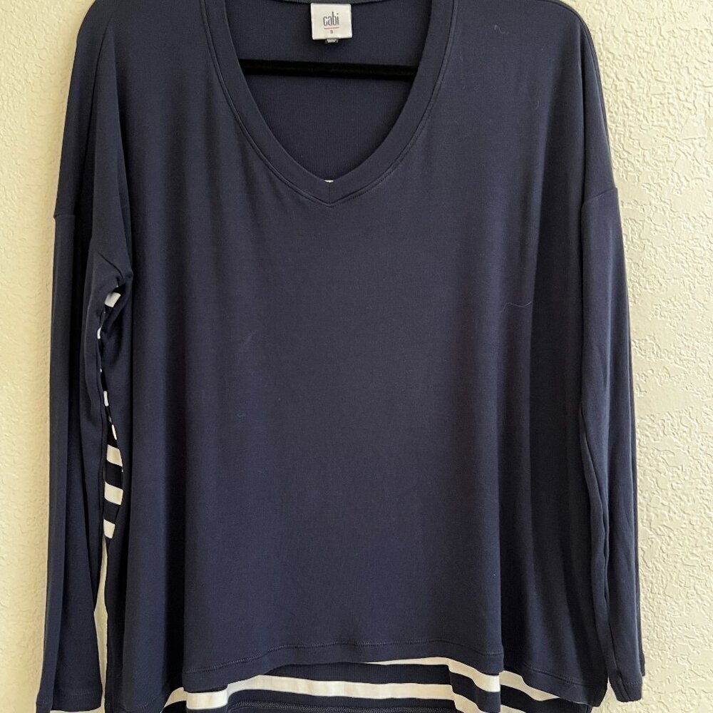 CAbi Shirt Womens Blue & White Striped Lighthouse Long Sleeve‎ Boxy Tunic Small
